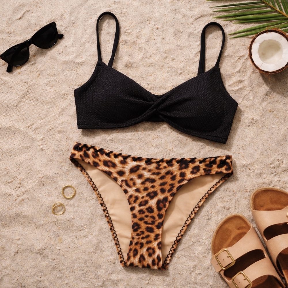 Good American Leopard Bikini Set M Twist Front Top Whipstitch Bottoms NWT